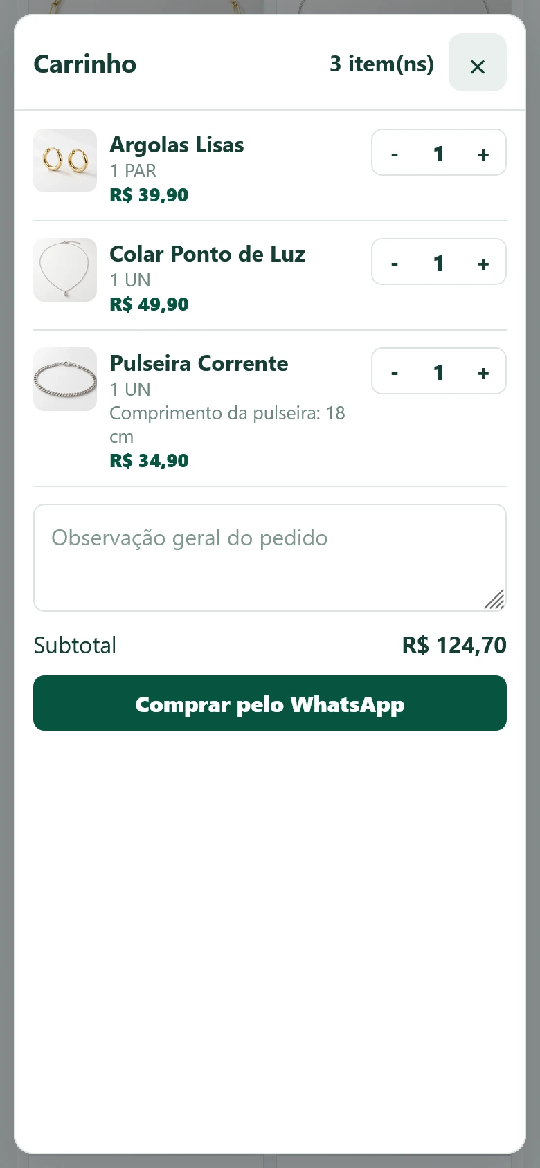 Carrinho real com Argolas Lisas, Colar Ponto de Luz e Pulseira Corrente, total R$ 124,70