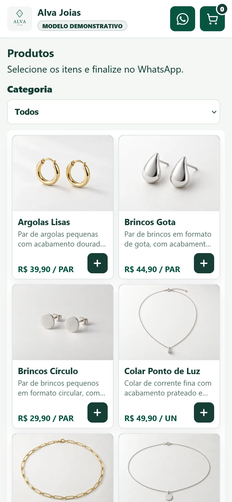 Vitrine real da Alva Joias com fotos e preços
