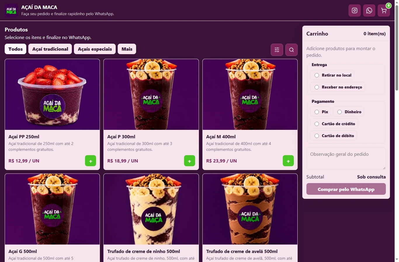 Catálogo publicado Açaí da Maca na aplicação atual