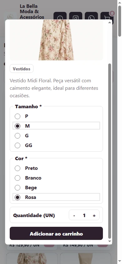 Opções do produto na aplicação