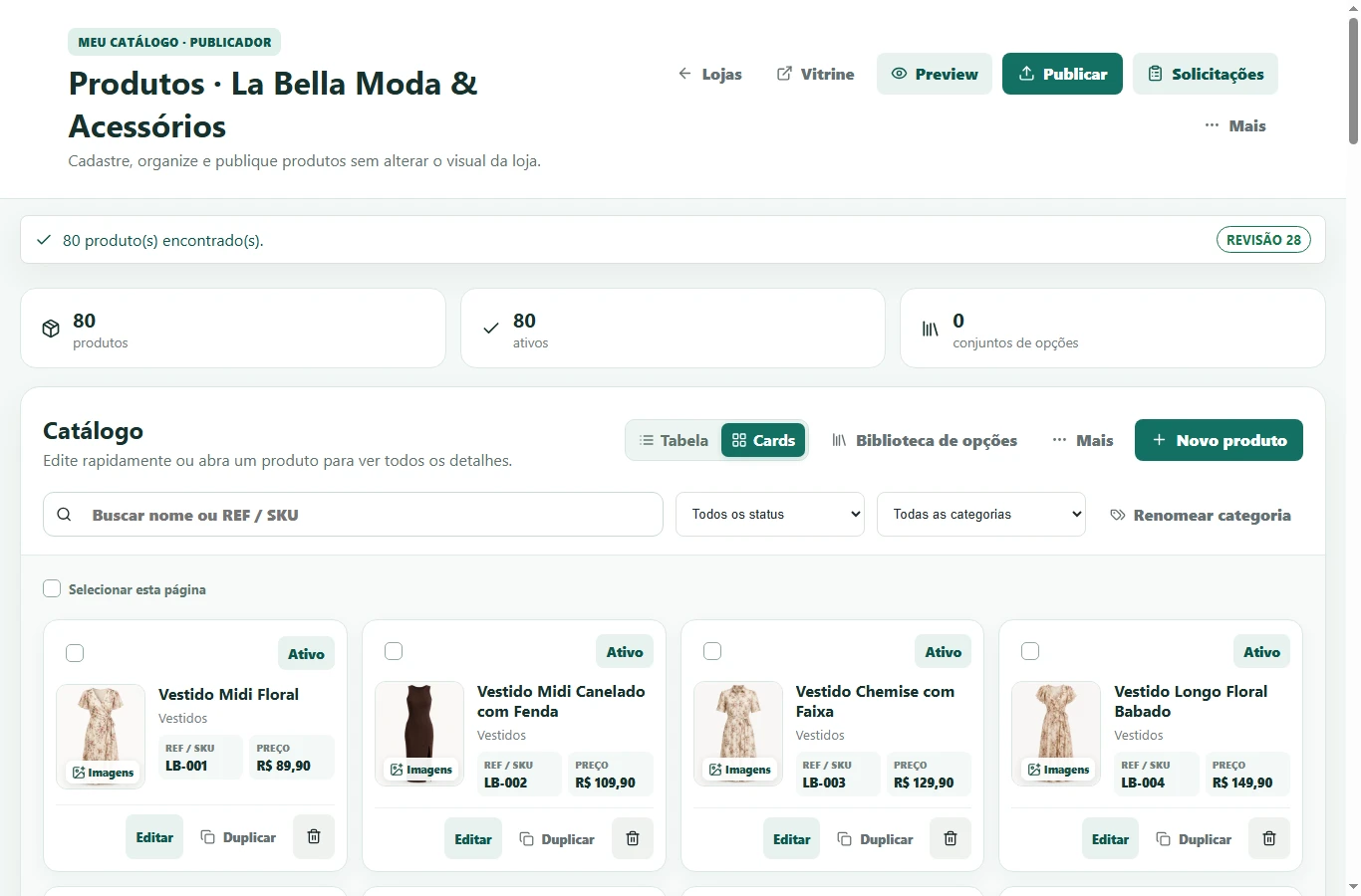 Painel atual de produtos na visão do lojista