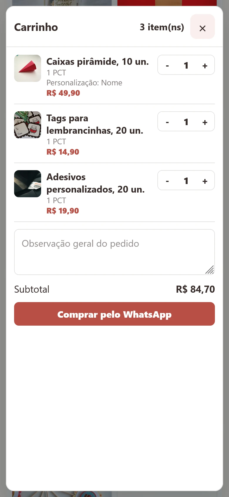 Carrinho Vivaê Festas e Lembranças com três produtos e total de R$ 84,70