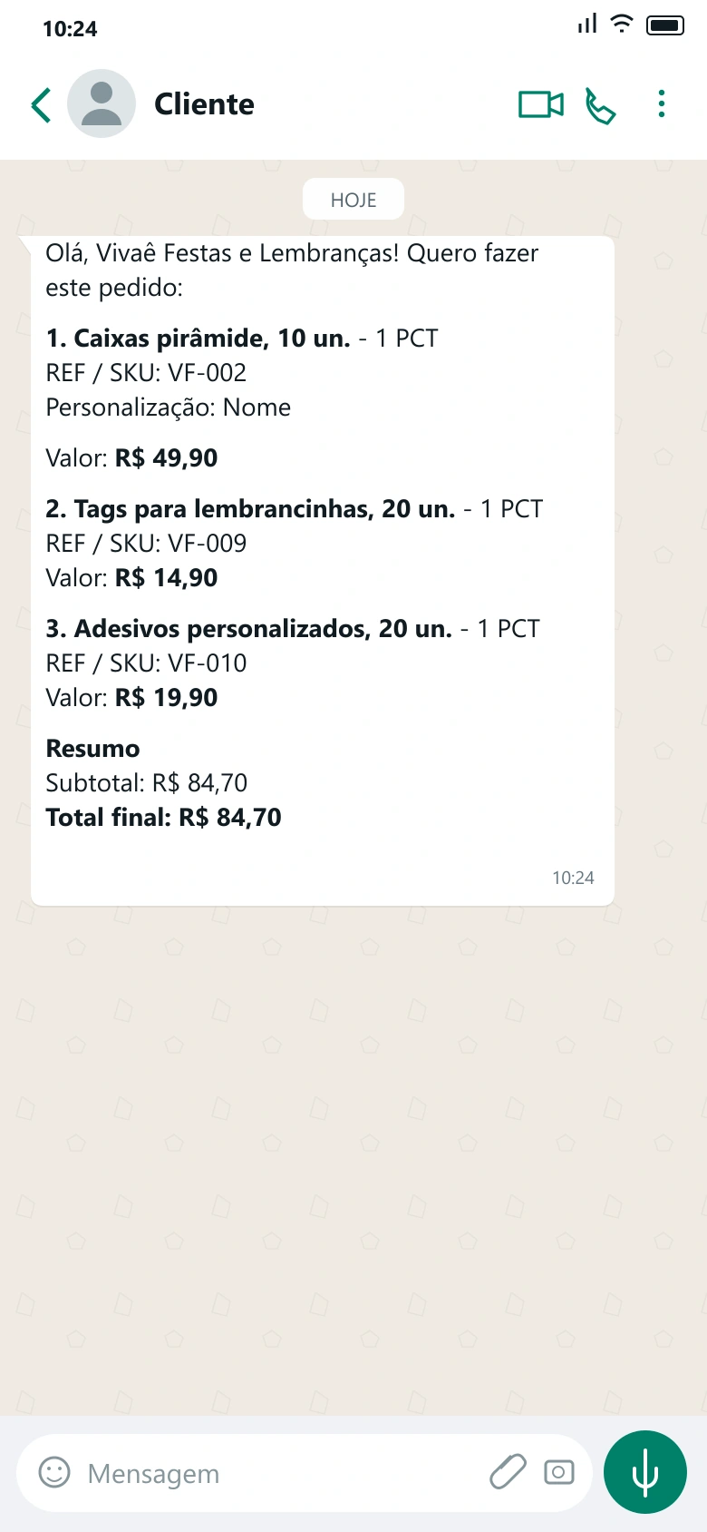 Ilustração de pedido recebido no WhatsApp da Vivaê Festas e Lembranças