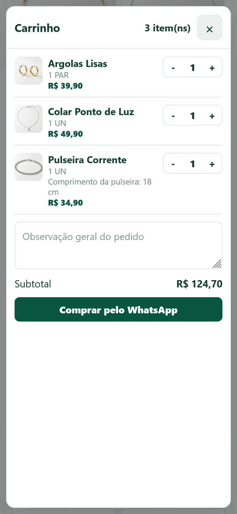Carrinho Alva Joias com três produtos e total de R$ 124,70