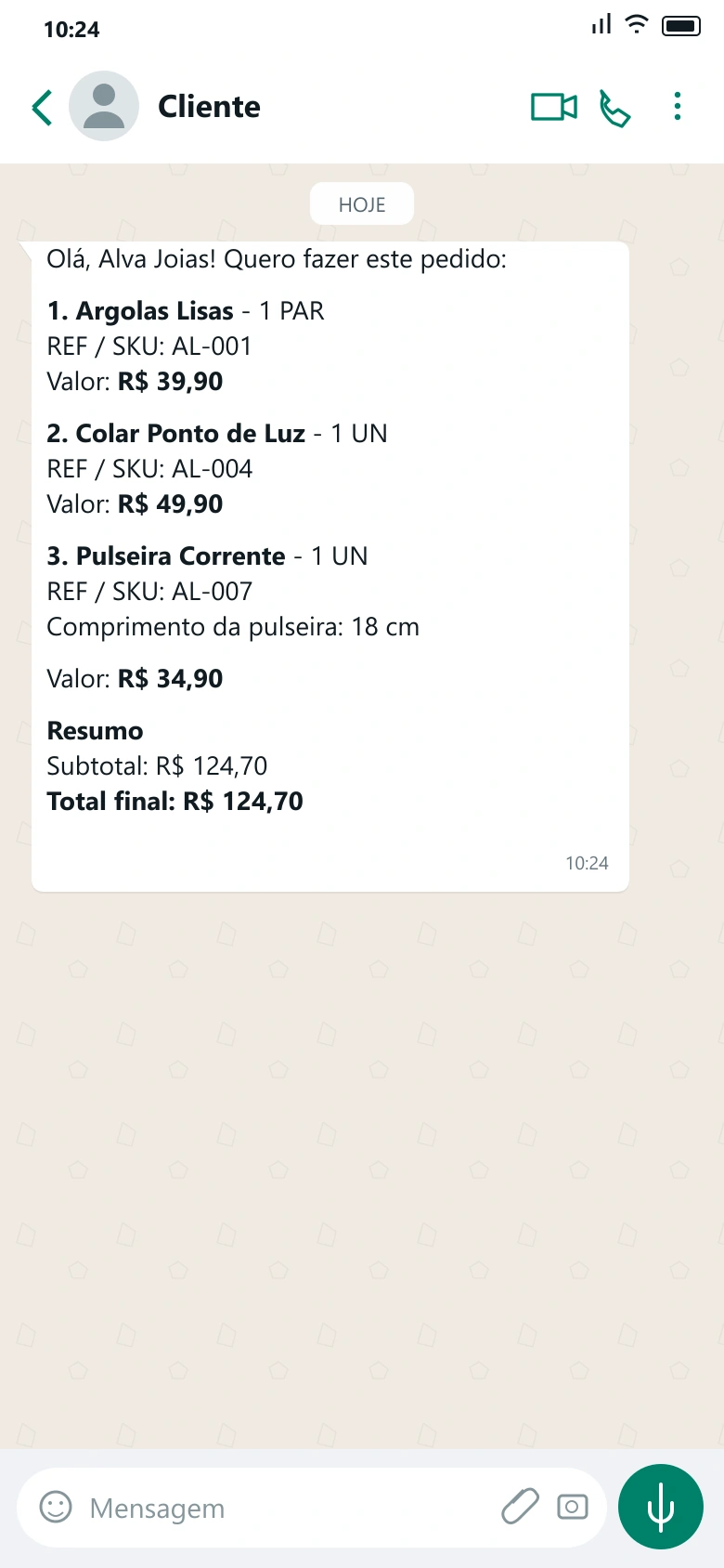 Ilustração de pedido recebido no WhatsApp da Alva Joias
