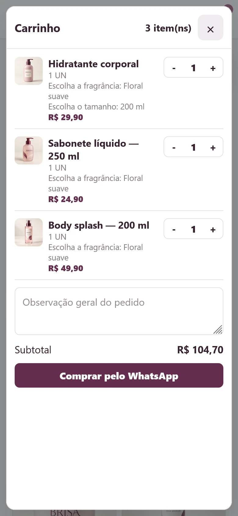 Carrinho Brisa Cosméticos com três produtos e total de R$ 104,70