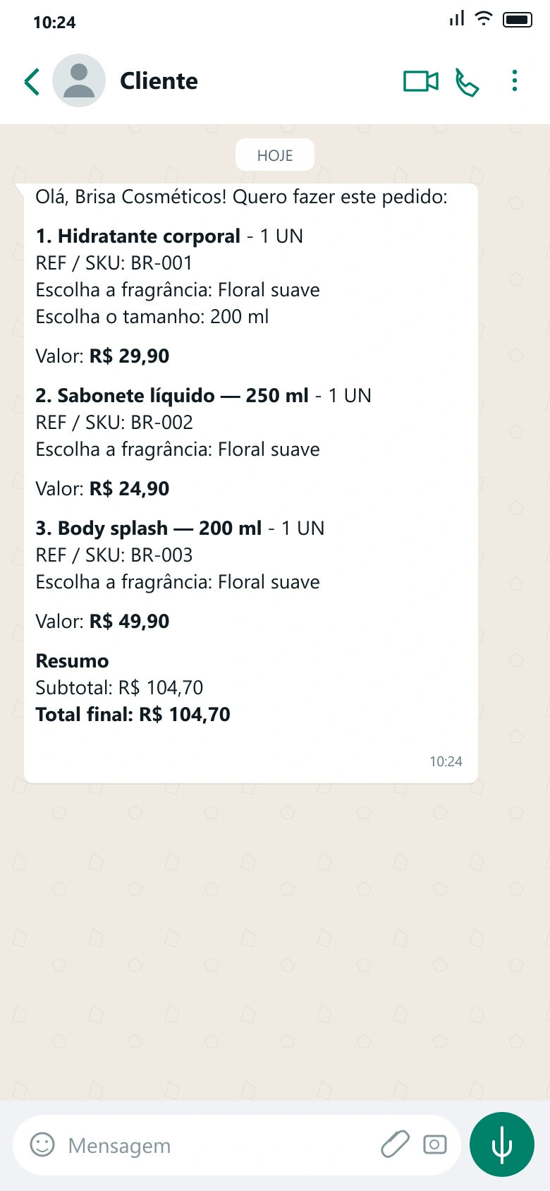 Ilustração de pedido recebido no WhatsApp da Brisa Cosméticos
