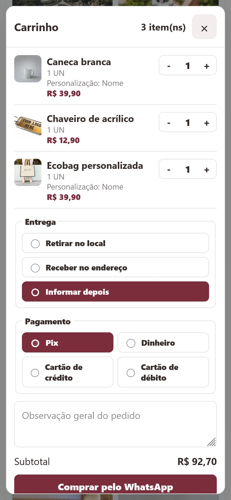Carrinho Mimoa Personalizados com três produtos e total de R$ 92,70