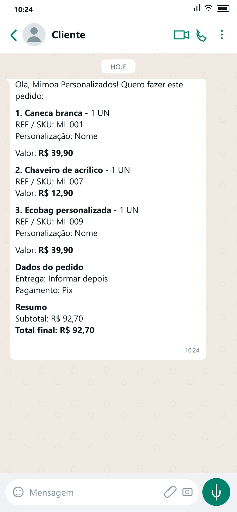Ilustração de pedido recebido no WhatsApp da Mimoa Personalizados