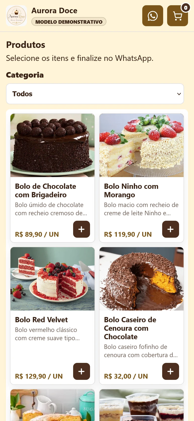 Catálogo Aurora Doce no celular com fotos e preços dos produtos