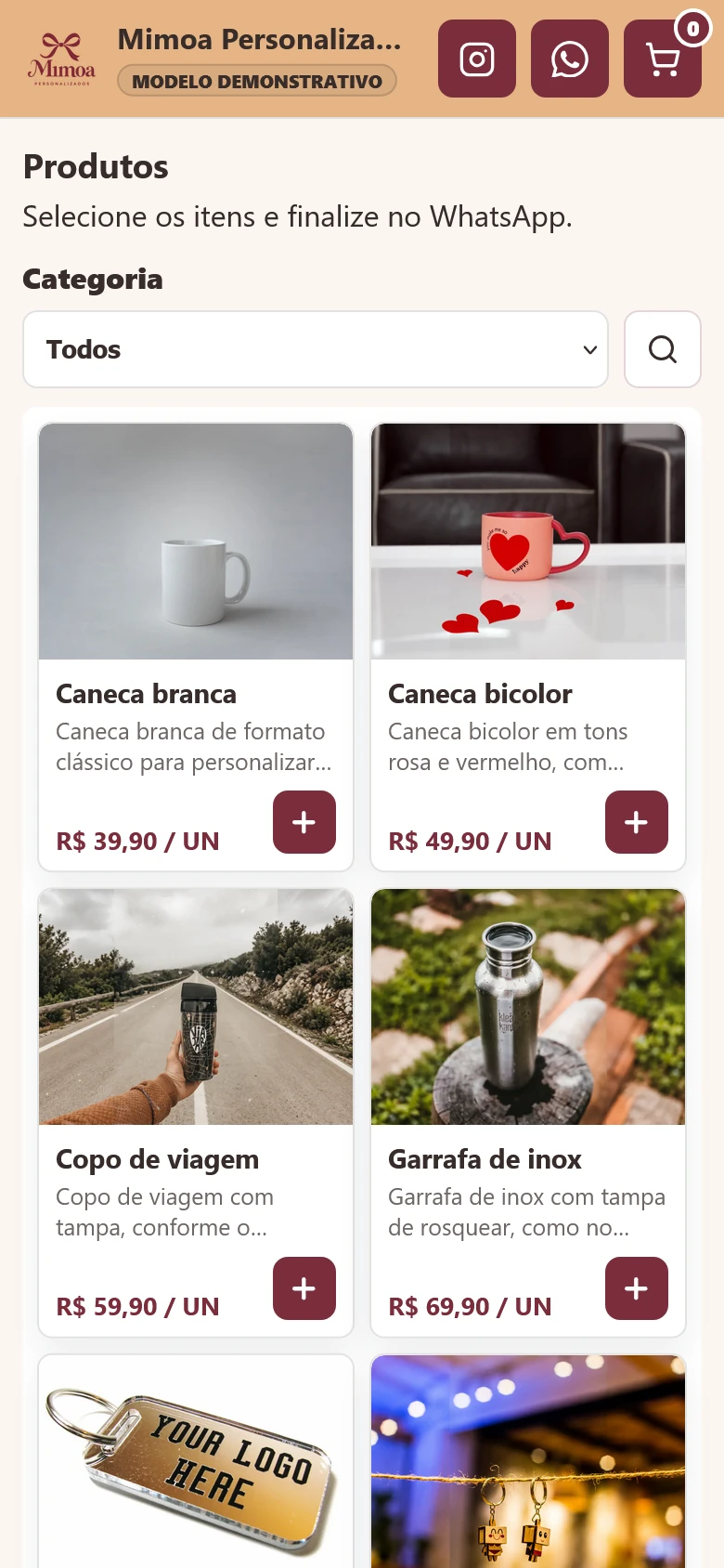 Catálogo Mimoa Personalizados no celular com fotos e preços dos produtos