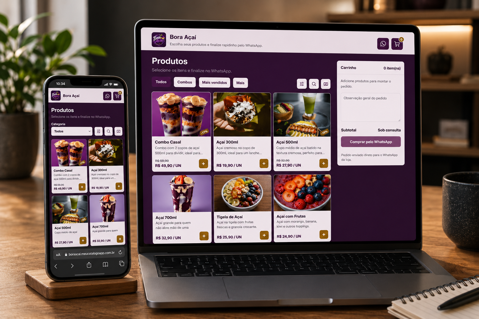 Catálogo Bora Açaí aberto no celular e no notebook