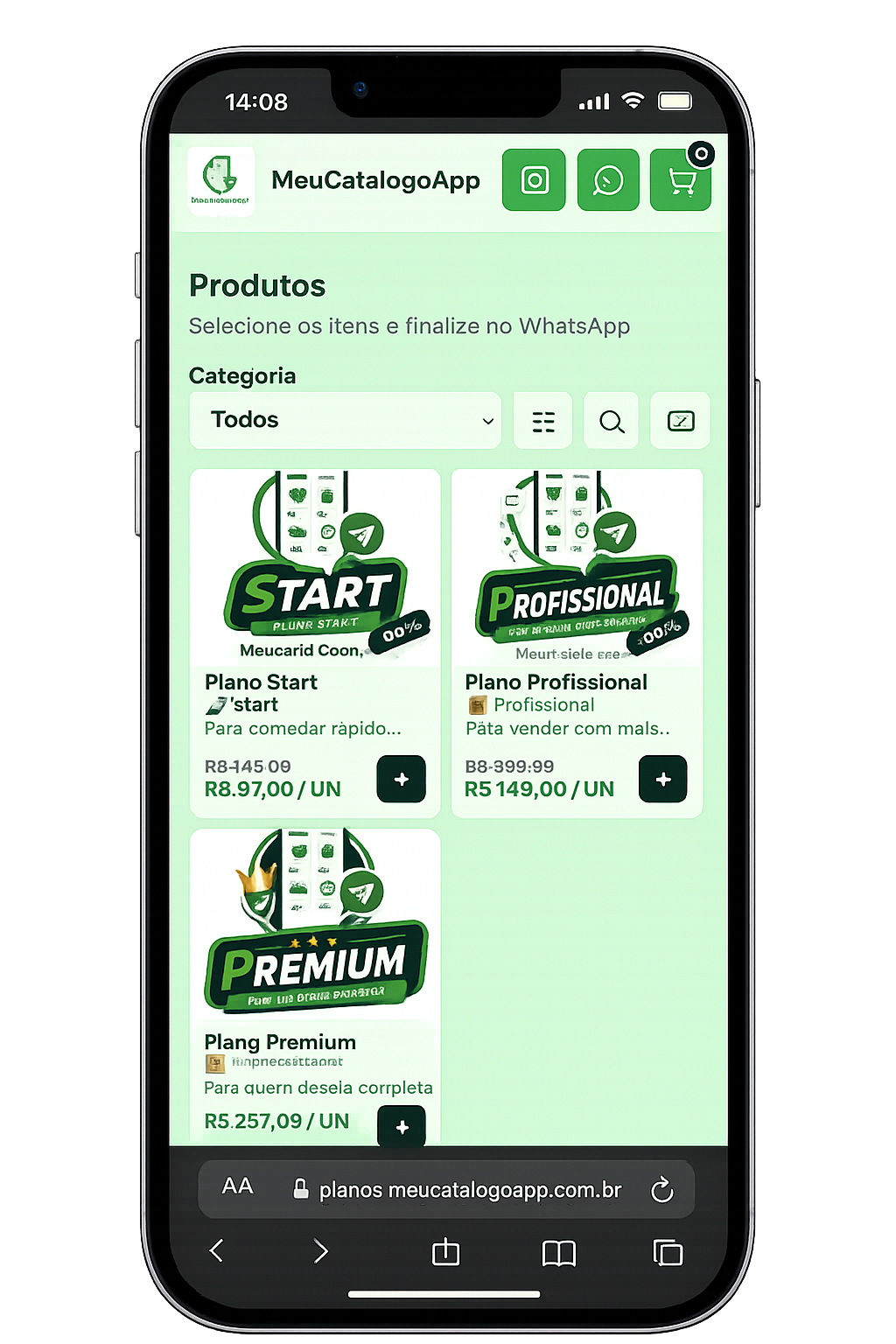 Prévia do catálogo MeuCatálogoApp no celular